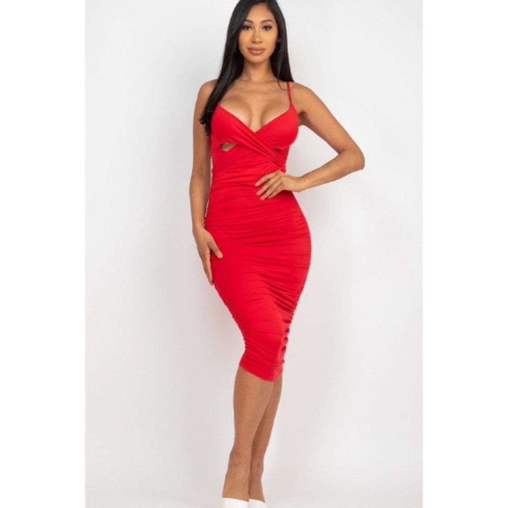 Women’s Red Cross Wrap Ruched Midi Dress